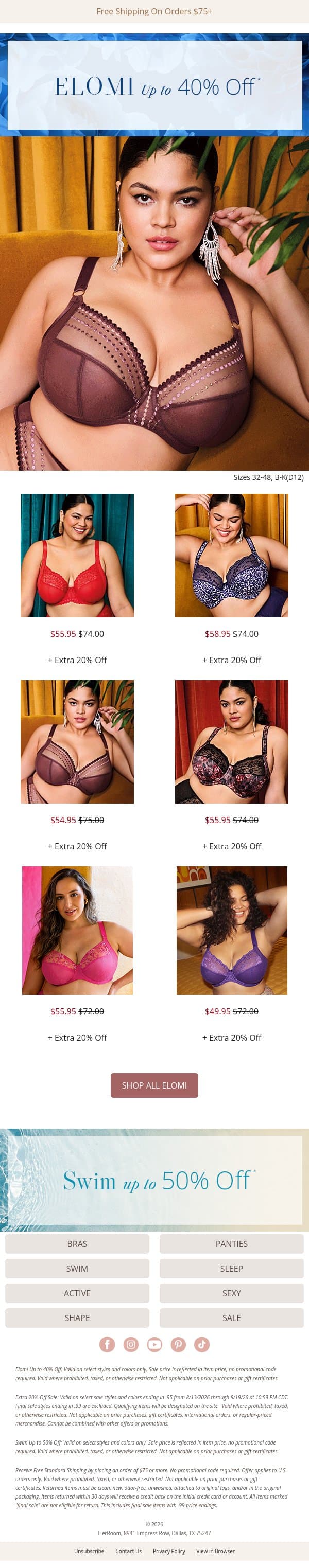 More Elomi Savings: Up to 40% + Extra 20% Off email from HerRoom screenshot