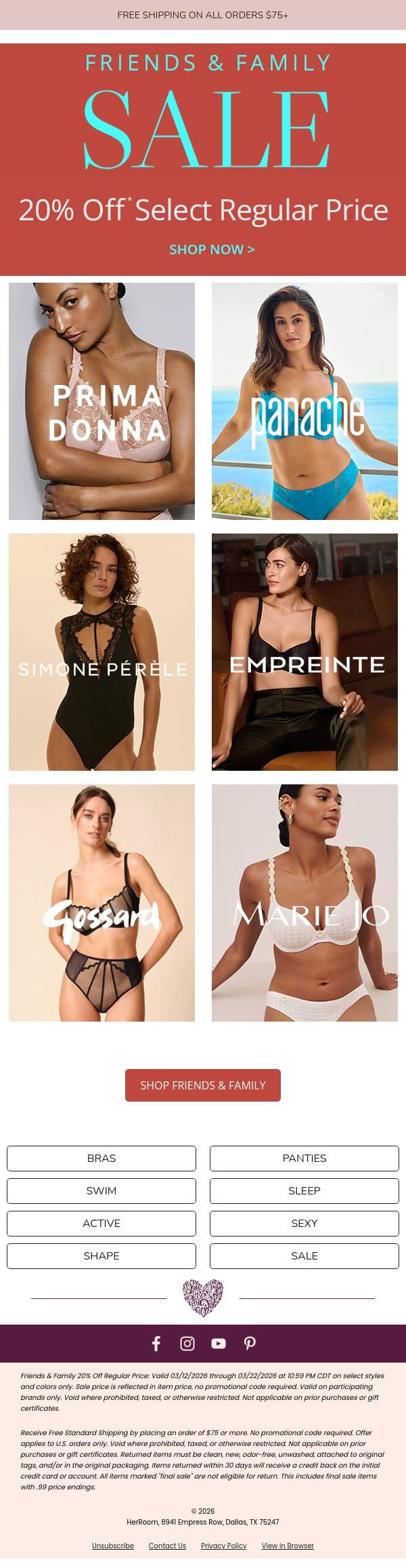 Friends & Family: Take 20% Off email from HerRoom screenshot