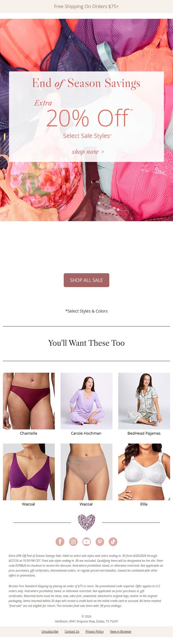 Take an Extra 20% Off End-of-Season Sale email from HerRoom screenshot