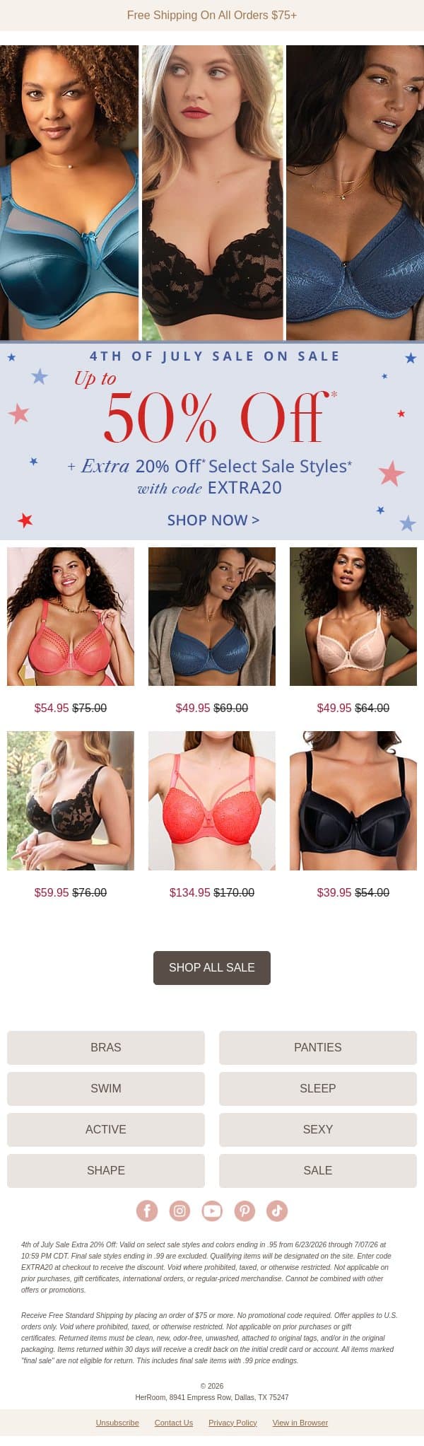 Up to 50% Off + Extra 20% Off Select Sale Styles email from HerRoom screenshot