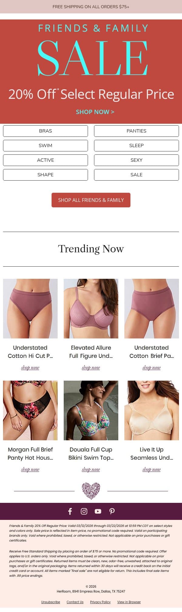 Friends & Family Sale Is On—20% Off Bras, Panties, & Swim email from HerRoom screenshot