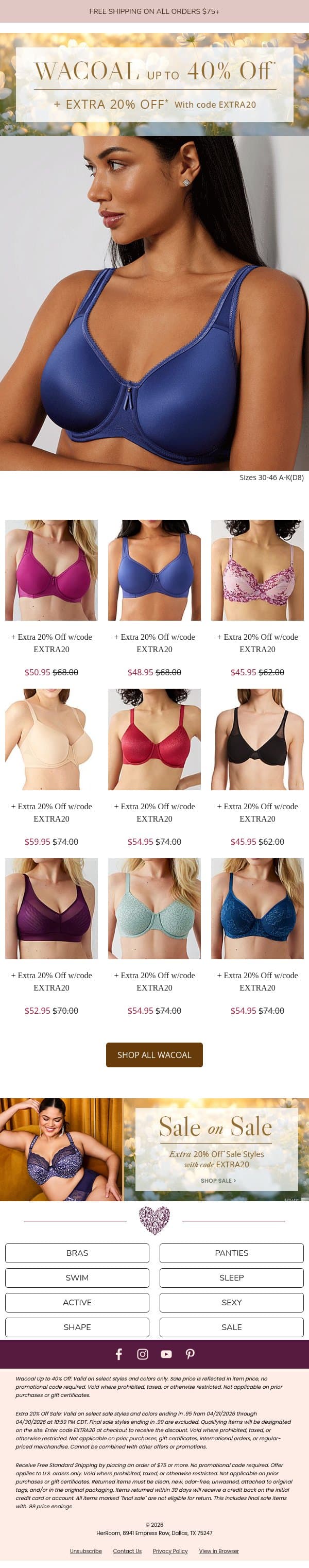 Wacoal: Up to 40% Off + Extra 20% Off w/ Code EXTRA20 email from HerRoom screenshot