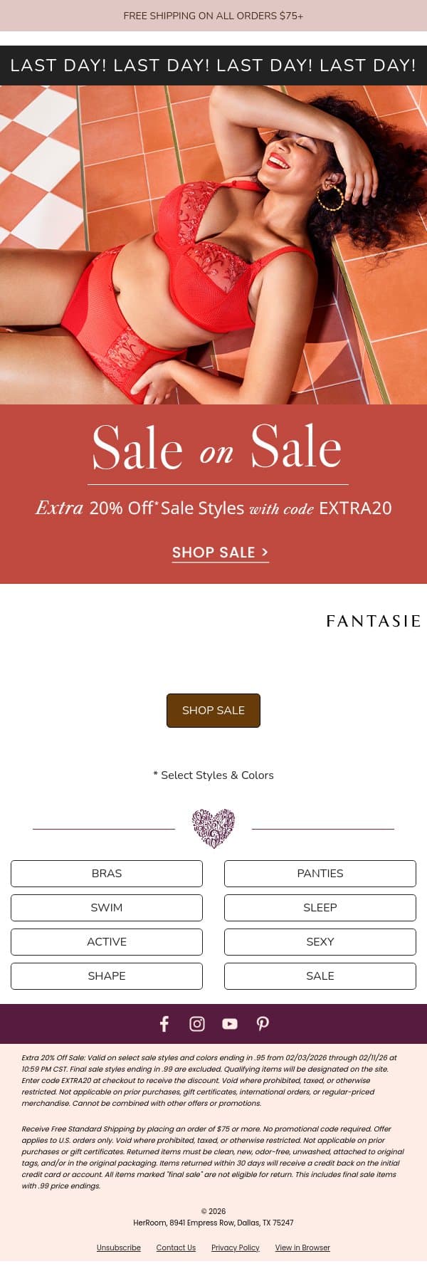 Sale on Sale Ends Today — Use Code EXTRA20 email from HerRoom screenshot