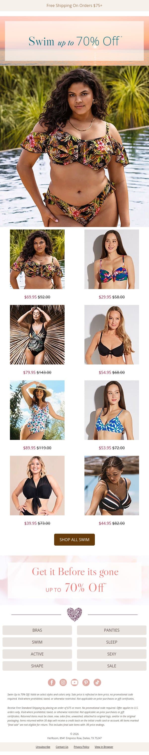 Swim Styles Up to 70% Off 🌊 email from HerRoom screenshot