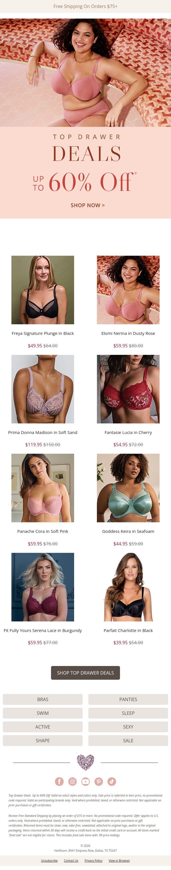 Top Drawer Deals: Up to 60% Off email from HerRoom screenshot