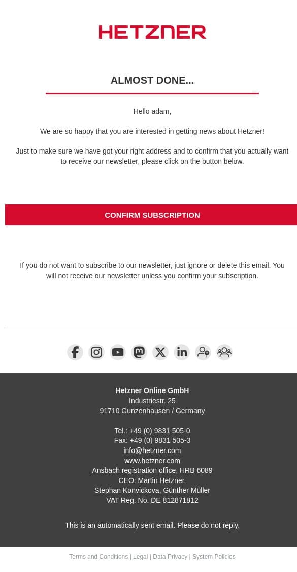 Confirmation of your subscription to the Hetzner Newsletter email from Hetzner screenshot