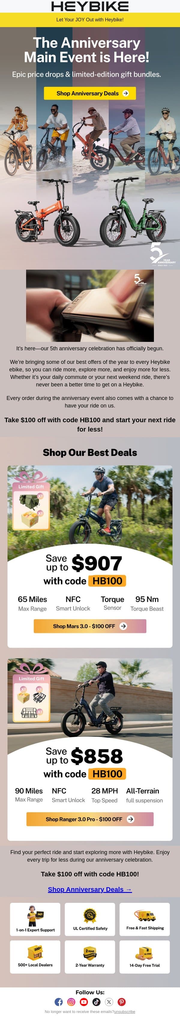 The Anniversary Main Event is Here! email from Heybike screenshot