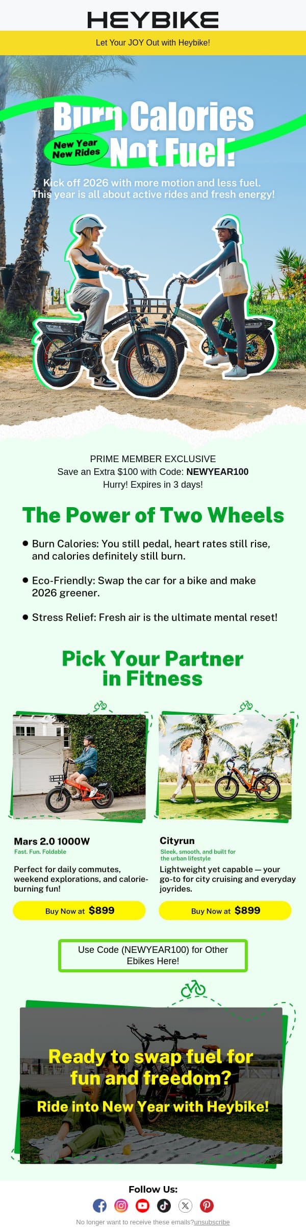 $100 OFF New Year Rides: Burn Calories, Not Fuel! email from Heybike screenshot