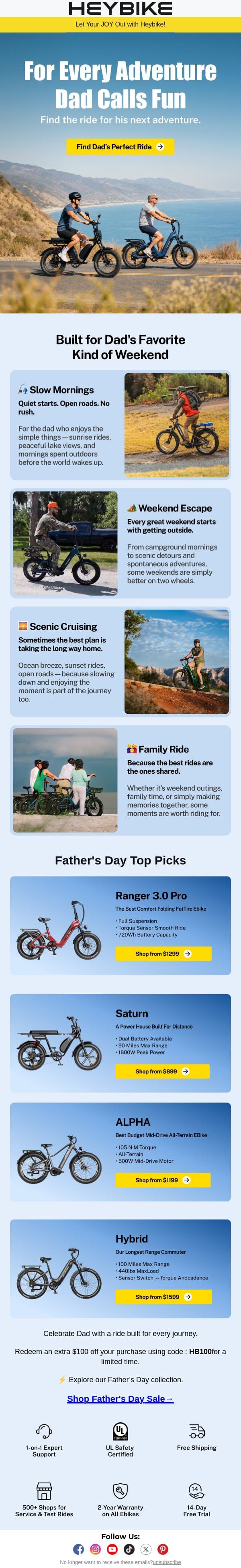 For Every Adventure Dad Calls Fun | Father's Day E-Bikes email from Heybike screenshot