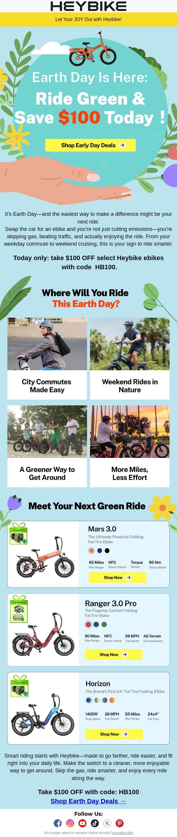 Earth Day Is Here: Ride Green and Save $100 Today! email from Heybike screenshot