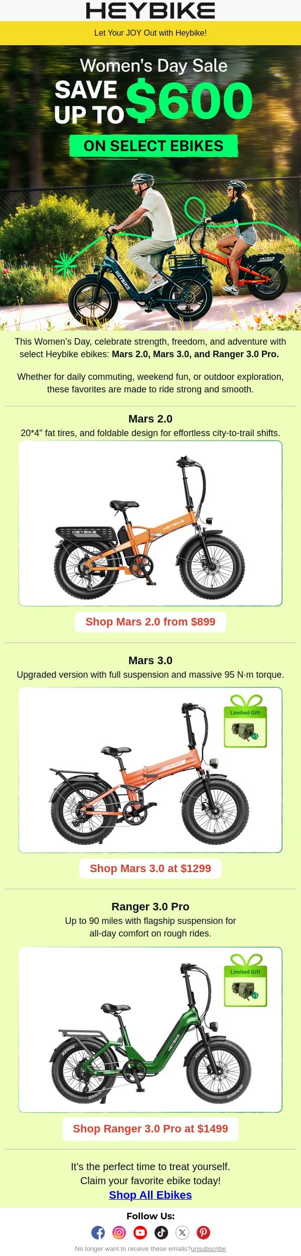 Women's Day Sale: Save Up to $600 on Select Ebikes email from Heybike screenshot