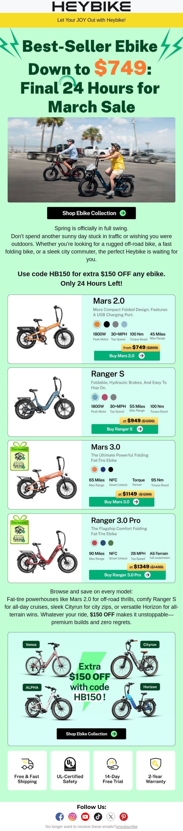 Best-Seller Ebike Down to $749: Final 24 Hours for March Sale email from Heybike screenshot