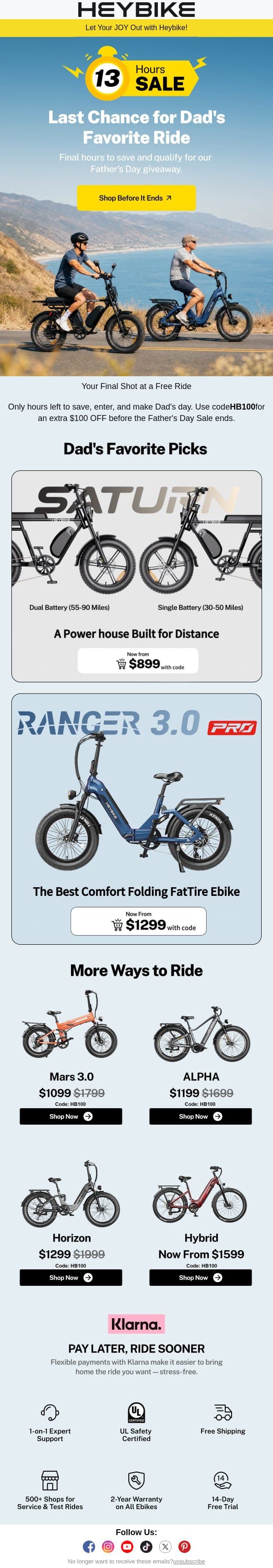 13 Hours Left: Dad Could Still Ride Free email from Heybike screenshot