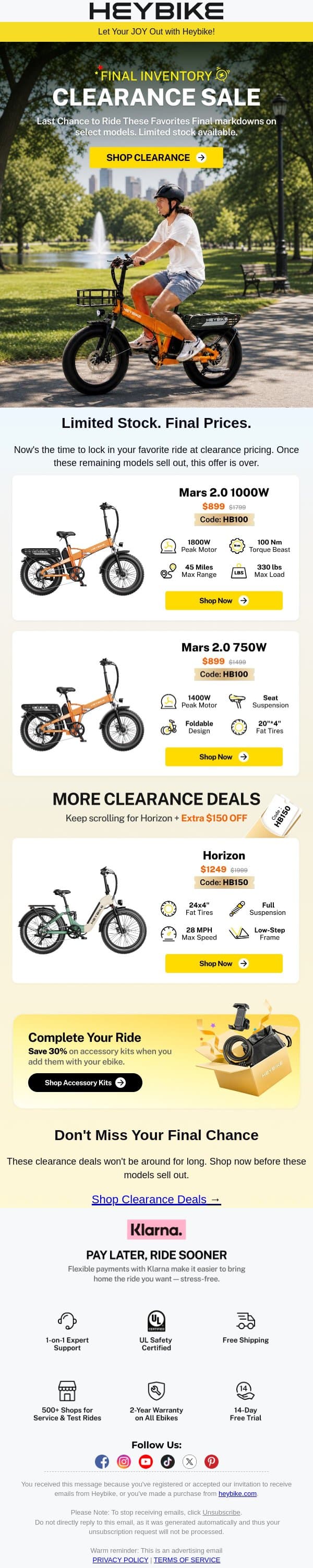 Last Chance: Clearance Deals Are Here email from Heybike screenshot