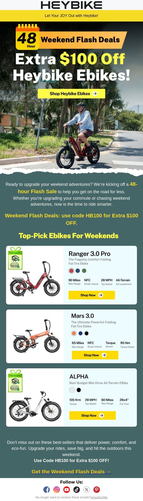 48-Hour Weekend Flash Deals: Extra $100 Off Heybike Ebikes! email from Heybike screenshot