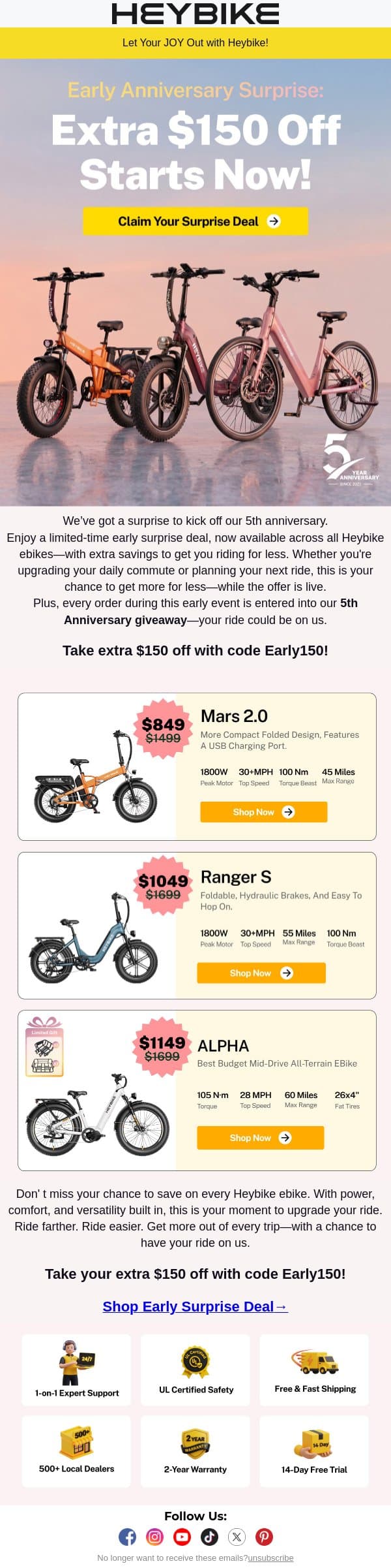 Early Anniversary Surprise: Extra $150 Off Starts Now! email from Heybike screenshot