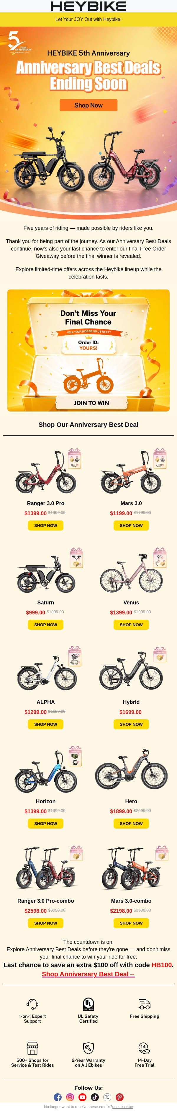 Anniversary Best Deals Are Ending Soon... email from Heybike screenshot