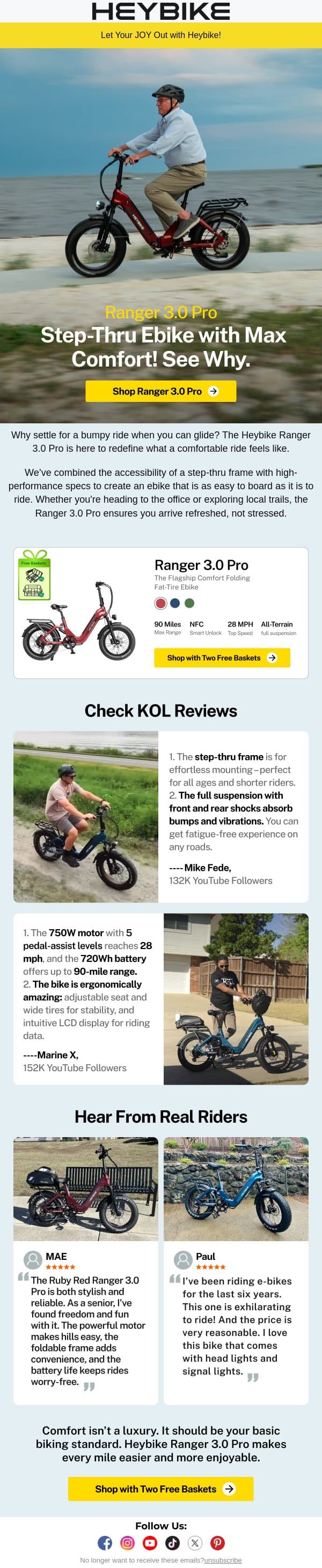 Ranger 3.0 Pro: Step-Thru Ebike with Max Comfort! See Why. email from Heybike screenshot