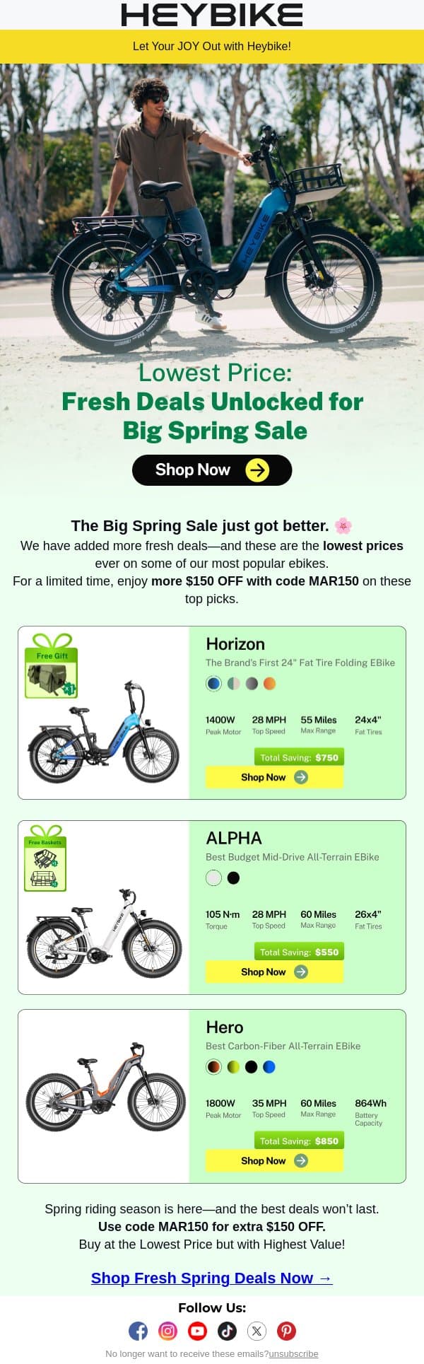 Lowest Price: Fresh Deals Unlocked for Big Spring Sale email from Heybike screenshot