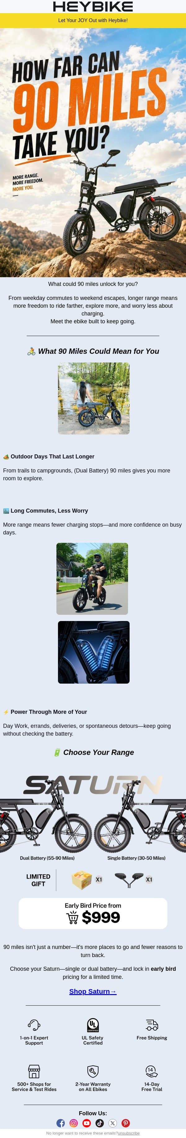 How Far Can 90 Miles Take You? email from Heybike screenshot