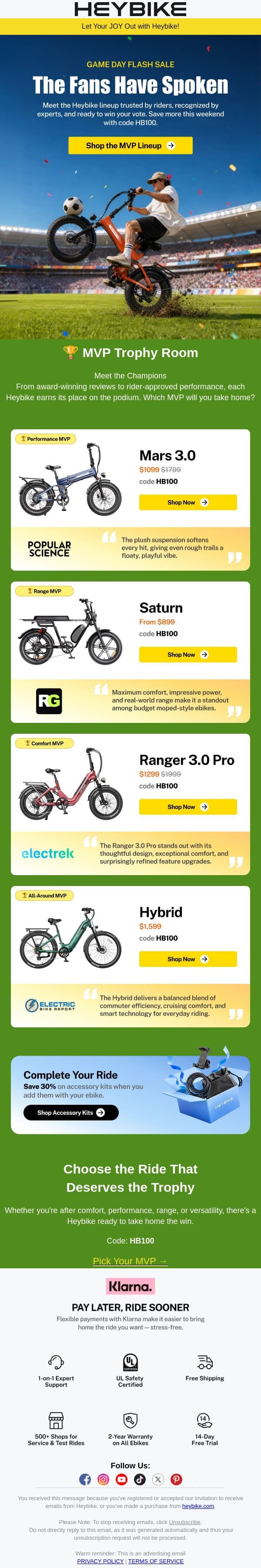 The Winning Lineup Is Here email from Heybike screenshot