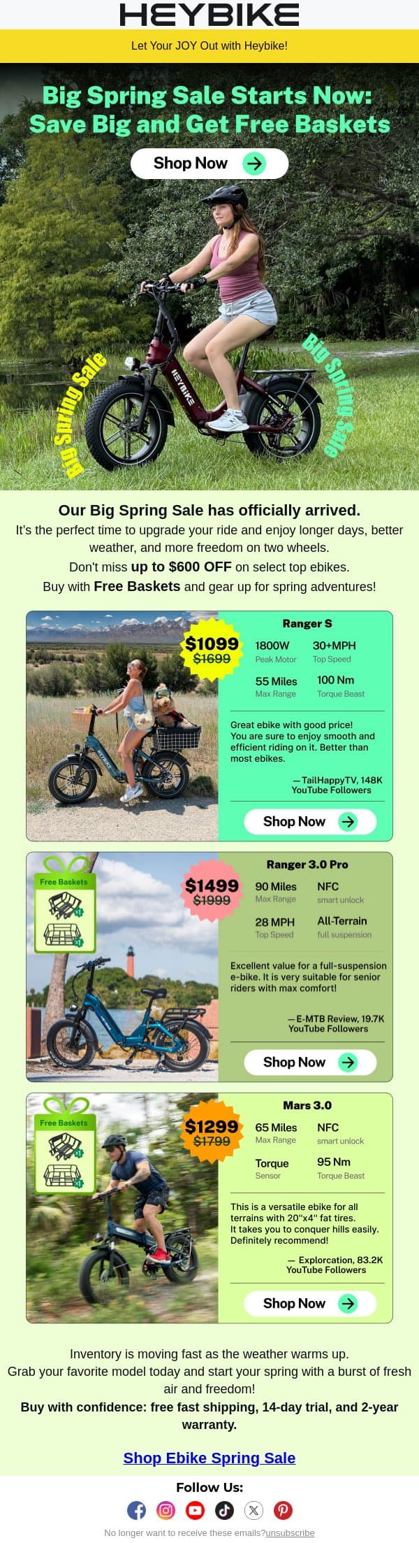 Big Spring Sale Starts Now: Save Big and Get Free Baskets email from Heybike screenshot