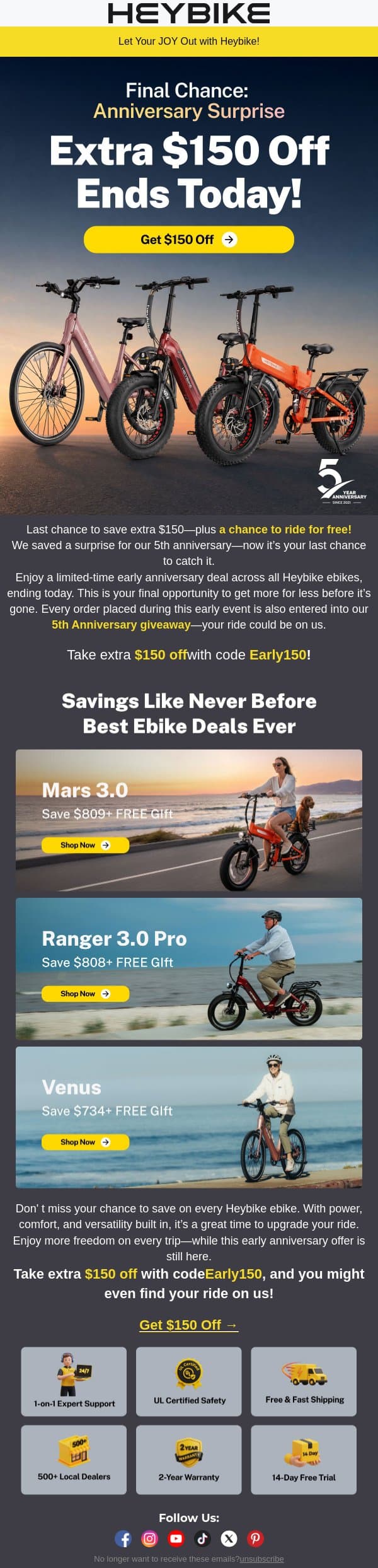 Final Chance: Anniversary Surprise — Extra $150 Off Ends Today! email from Heybike screenshot