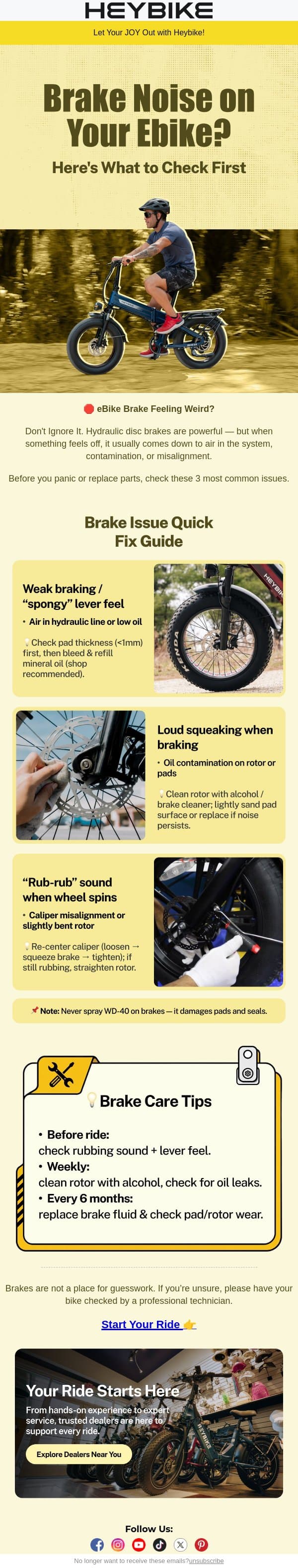 Brake Noise on Your Ebike? Read This First email from Heybike screenshot
