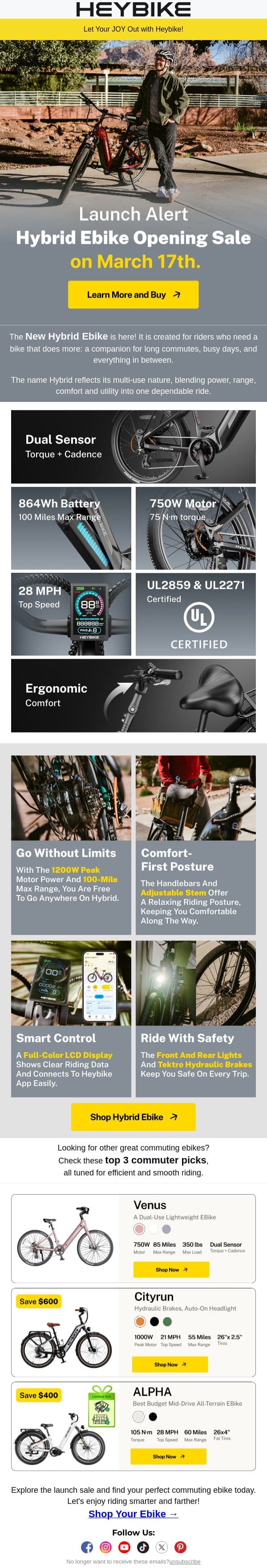 Launch Alert: Hybrid Ebike Opening Sale on March 17th. email from Heybike screenshot