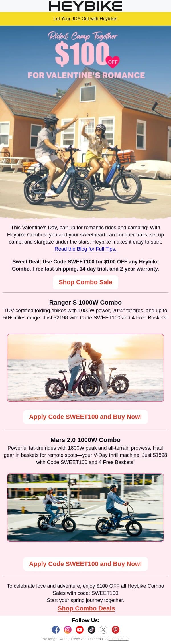 Heybike Valentine's Romance: Ride and Camp Together email from Heybike screenshot