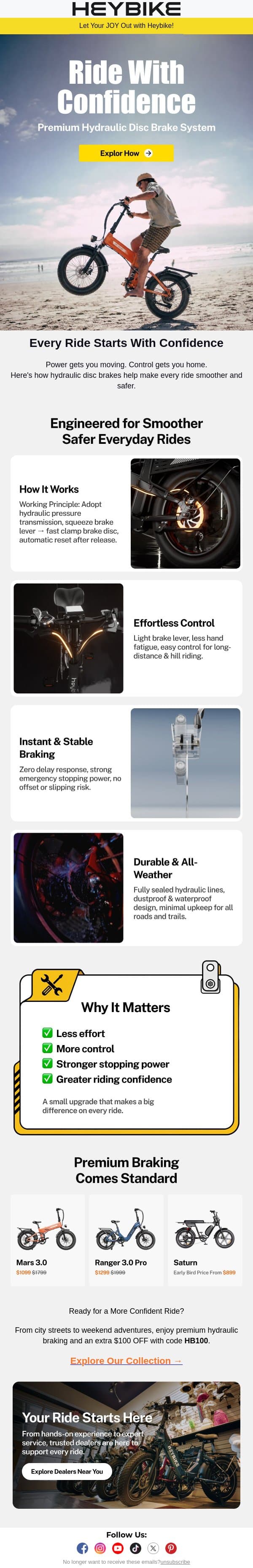 What Makes Hydraulic Brakes Better? email from Heybike screenshot