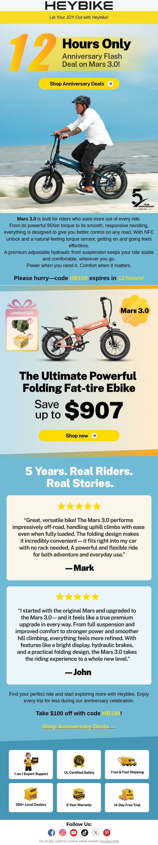 12 Hours Only: Anniversary Flash Deal on Mars 3.0! email from Heybike screenshot