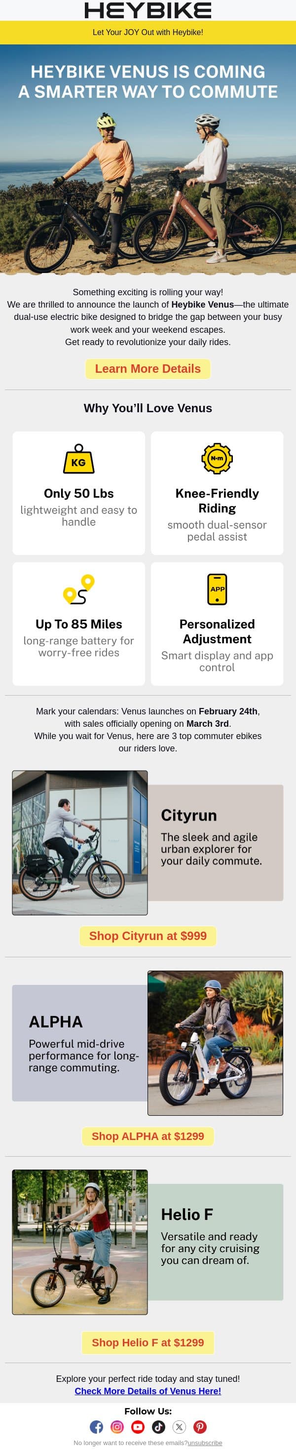 Heybike Venus Is Coming: A Smarter Way to Commute email from Heybike screenshot
