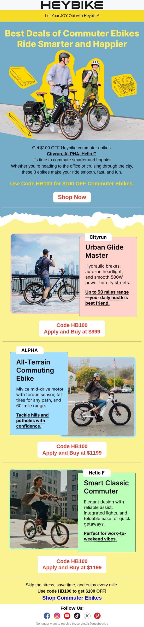 Best Deals of Commuter Ebikes: Ride Smarter and Happier email from Heybike screenshot