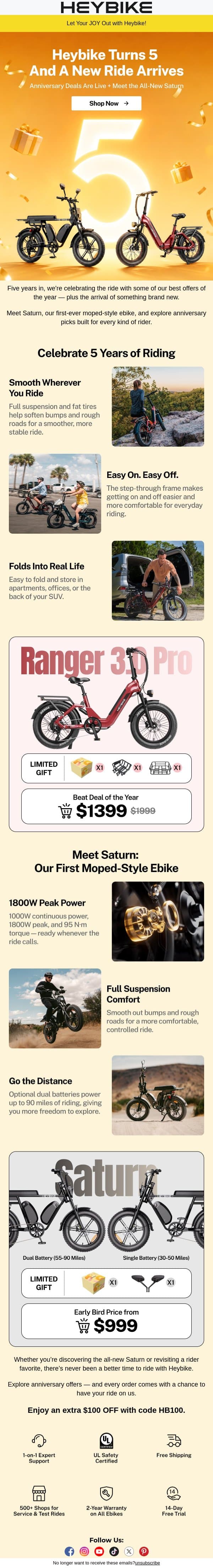Heybike Turns 5 — Anniversary Best Deals + Meet the All-New Saturn. email from Heybike screenshot
