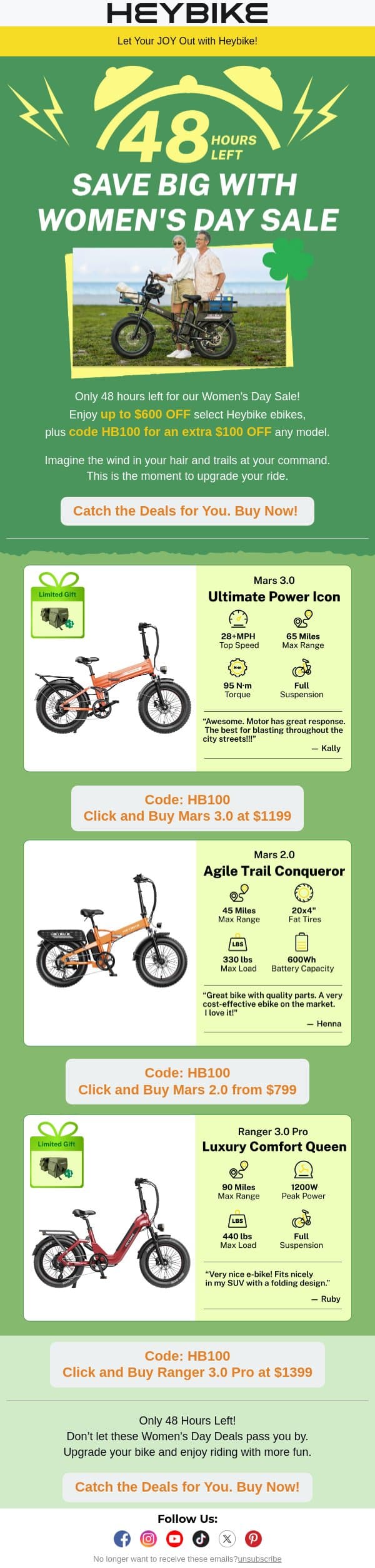 48 Hours Left: Save Big with Women's Day Sale email from Heybike screenshot