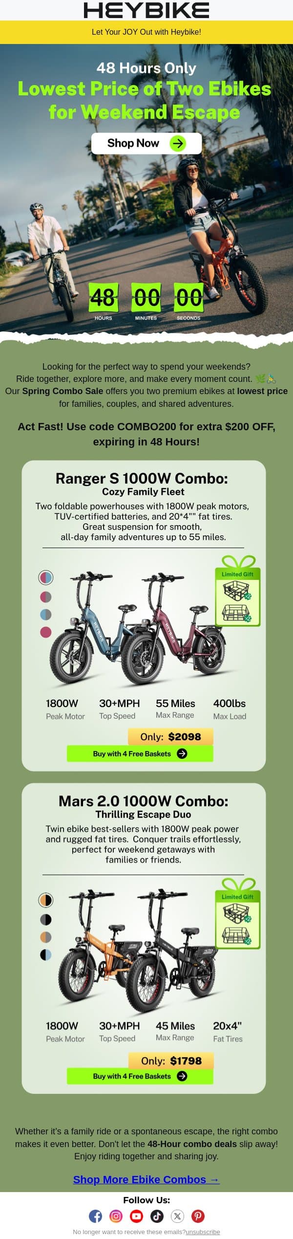 48 Hours Only: Lowest Price of Two Ebikes for Weekend Escape email from Heybike screenshot