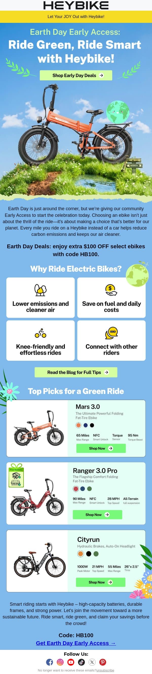 Earth Day Early Access: Ride Green and Smart with Heybike! email from Heybike screenshot