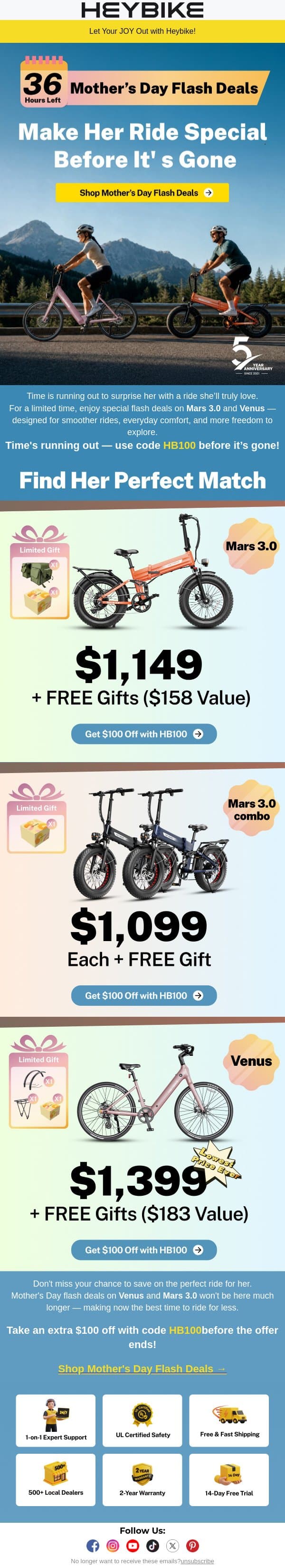 36 Hours Left: Mother's Day Flash Deals Won't Last! email from Heybike screenshot