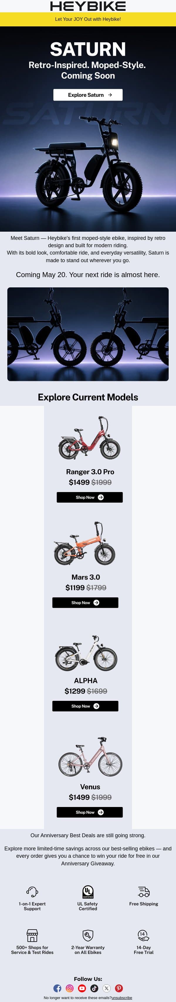 Coming Soon: Meet Saturn, Our First Moped-Style Ebike. email from Heybike screenshot