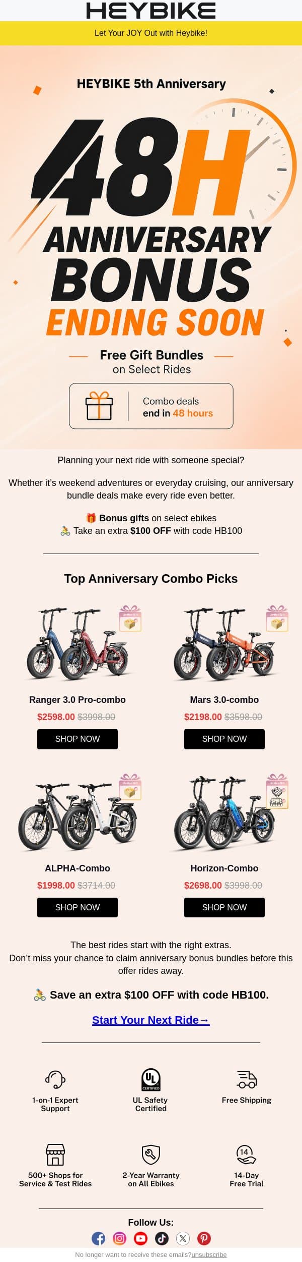 48 Hours Left: Anniversary Bonus Bundles End Soon email from Heybike screenshot