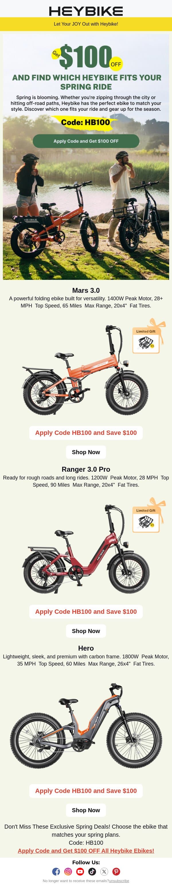 Get $100 OFF and Find Which Heybike Fits Your Spring Ride email from Heybike screenshot