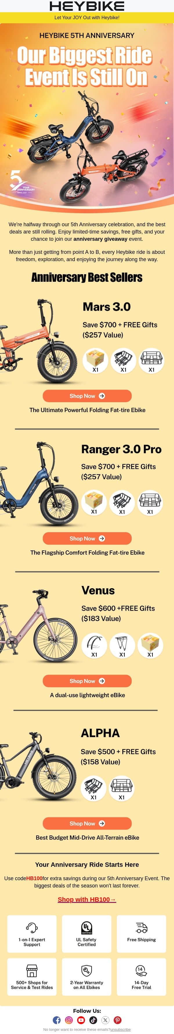 HEYBIKE 5TH ANNIVERSARY：Our Biggest Ride Event Is Still On! email from Heybike screenshot