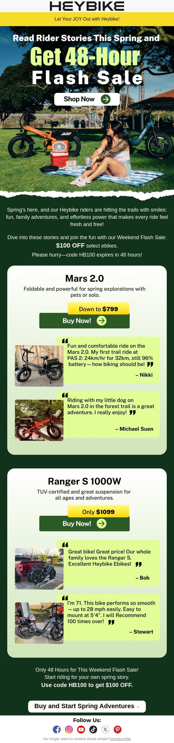 Read Rider Stories This Spring and Get 48-Hour Flash Sale email from Heybike screenshot
