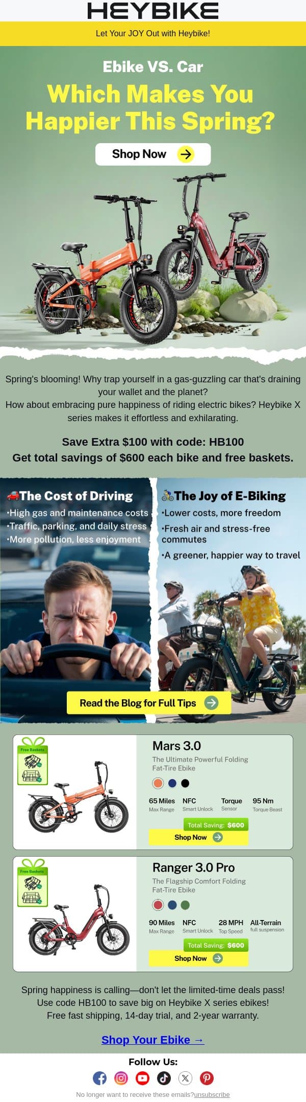 Ebike VS. Car: Which Makes You Happier This Spring? email from Heybike screenshot