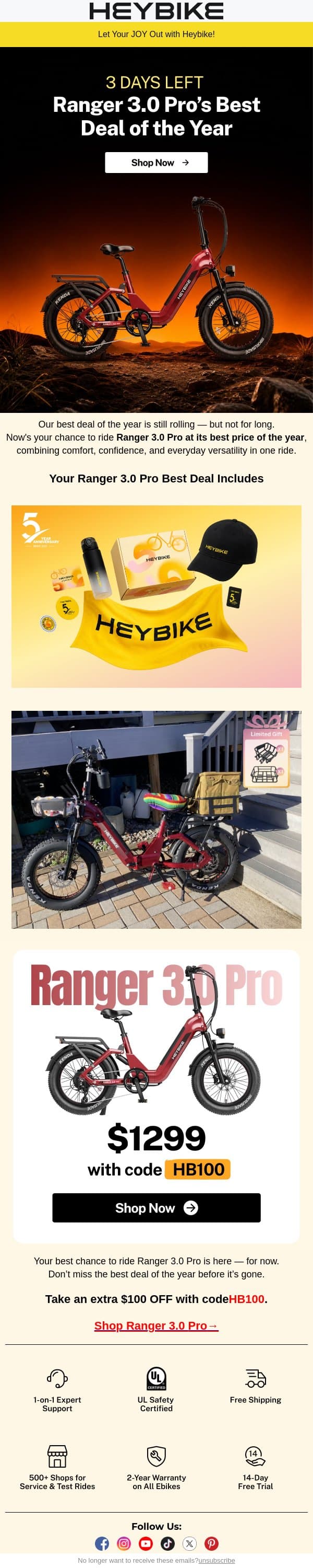 Final 3 Days: Ranger 3.0 Pro at Its Best Price of the Year email from Heybike screenshot