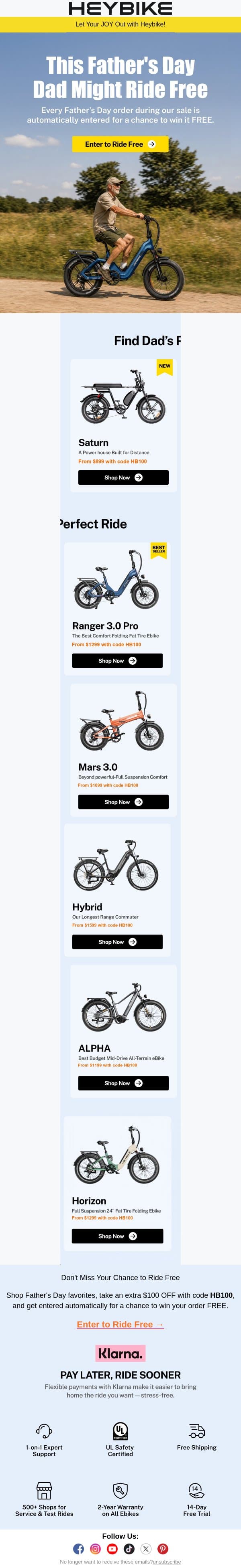 This Father's Day, Dad Might Ride Free email from Heybike screenshot