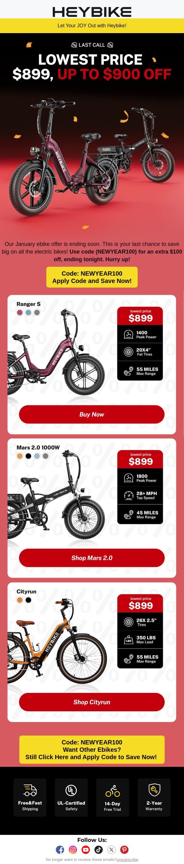 Last Call: All $899 Lowest Price on Ranger S, Mars 2.0, Cityrun! email from Heybike screenshot