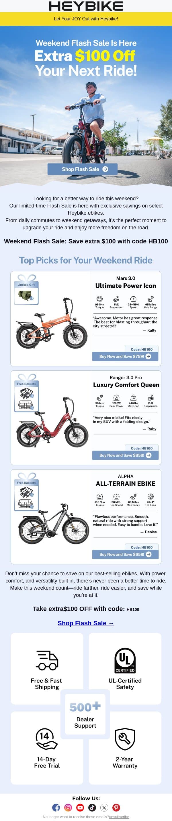 Weekend Flash Sale Is Here: Extra $100 Off Your Next Ride! email from Heybike screenshot