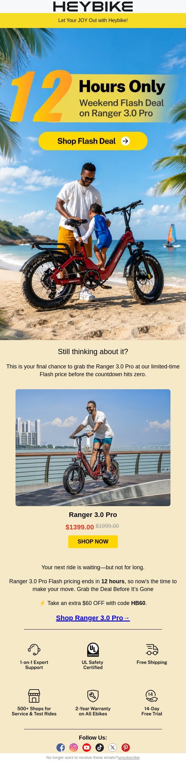 12 Hours Left: Ranger 3.0 Pro Flash Deal Ends Soon email from Heybike screenshot